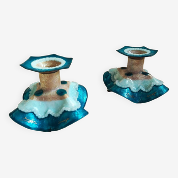 Pair limoges enamel copper candlesticks by Marylou