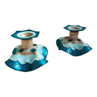 Pair limoges enamel copper candlesticks by Marylou