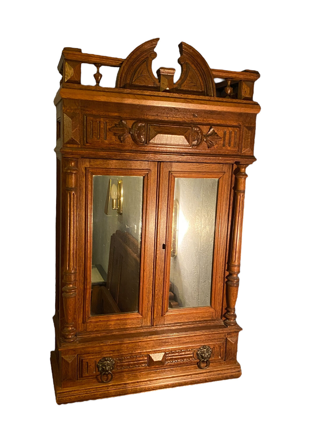 Lion's head oak shelf cabinet