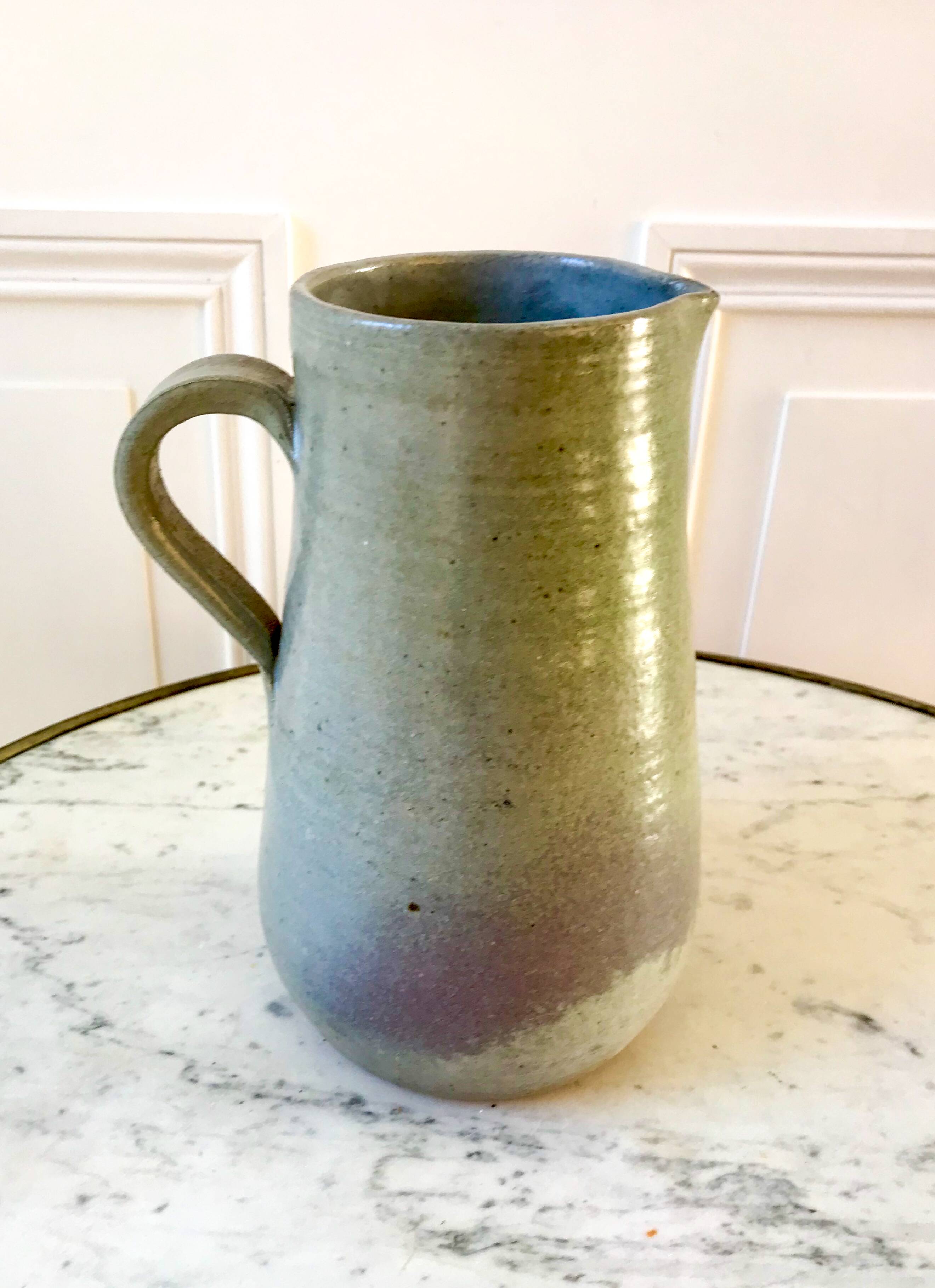 blue stoneware pitcher artisanal pottery 70s