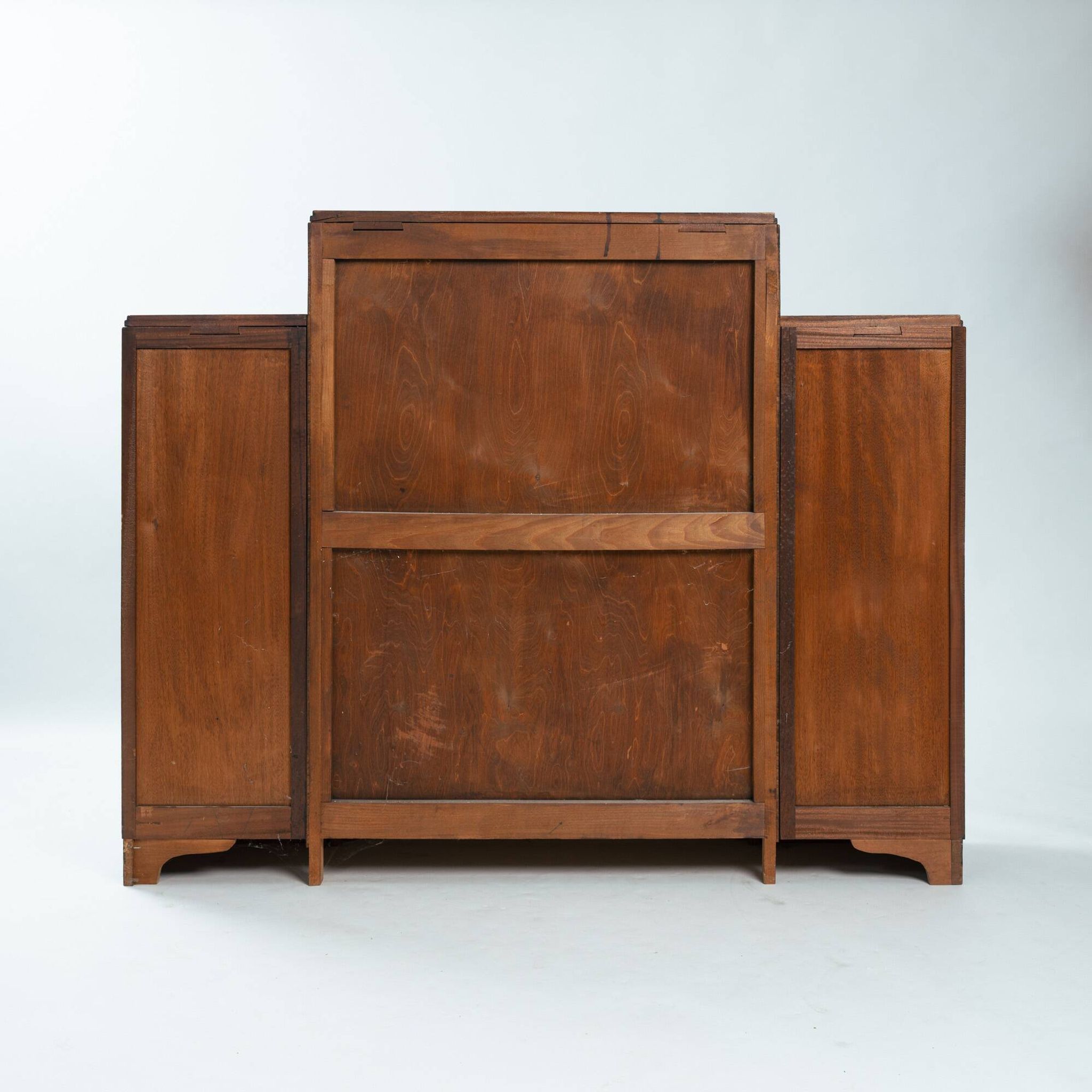 Art Deco walnut birdseye maple Amsterdam school cabinet with glass doors, 1930s