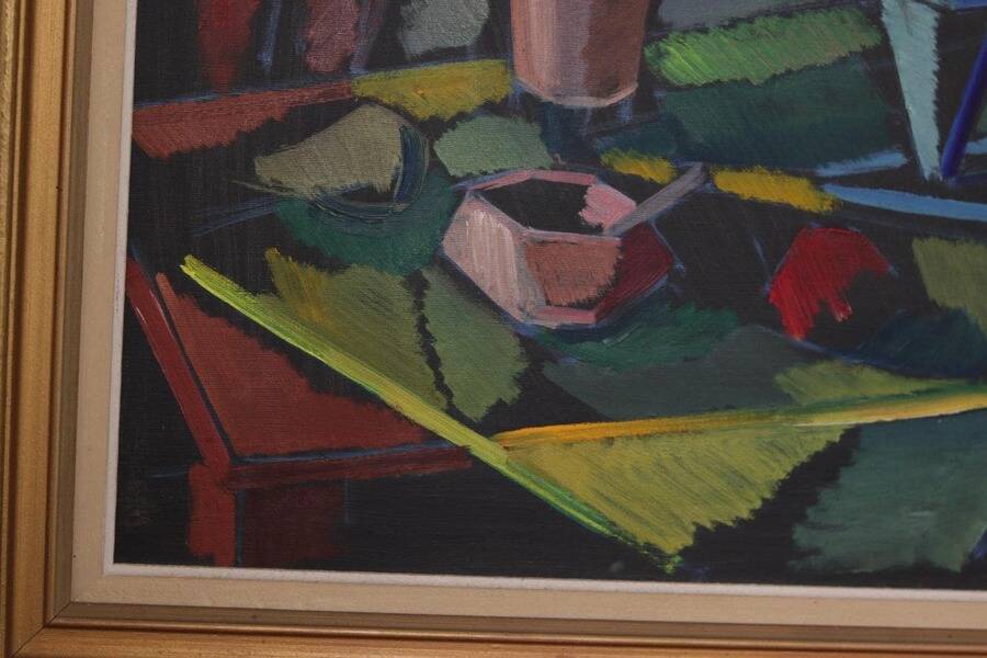 Original mid-century Swedish oil on canvas – “Kubisk Still Life” by Bror Göransson – vintage & framed – 75 × 64 cm (29.5" × 25.2")