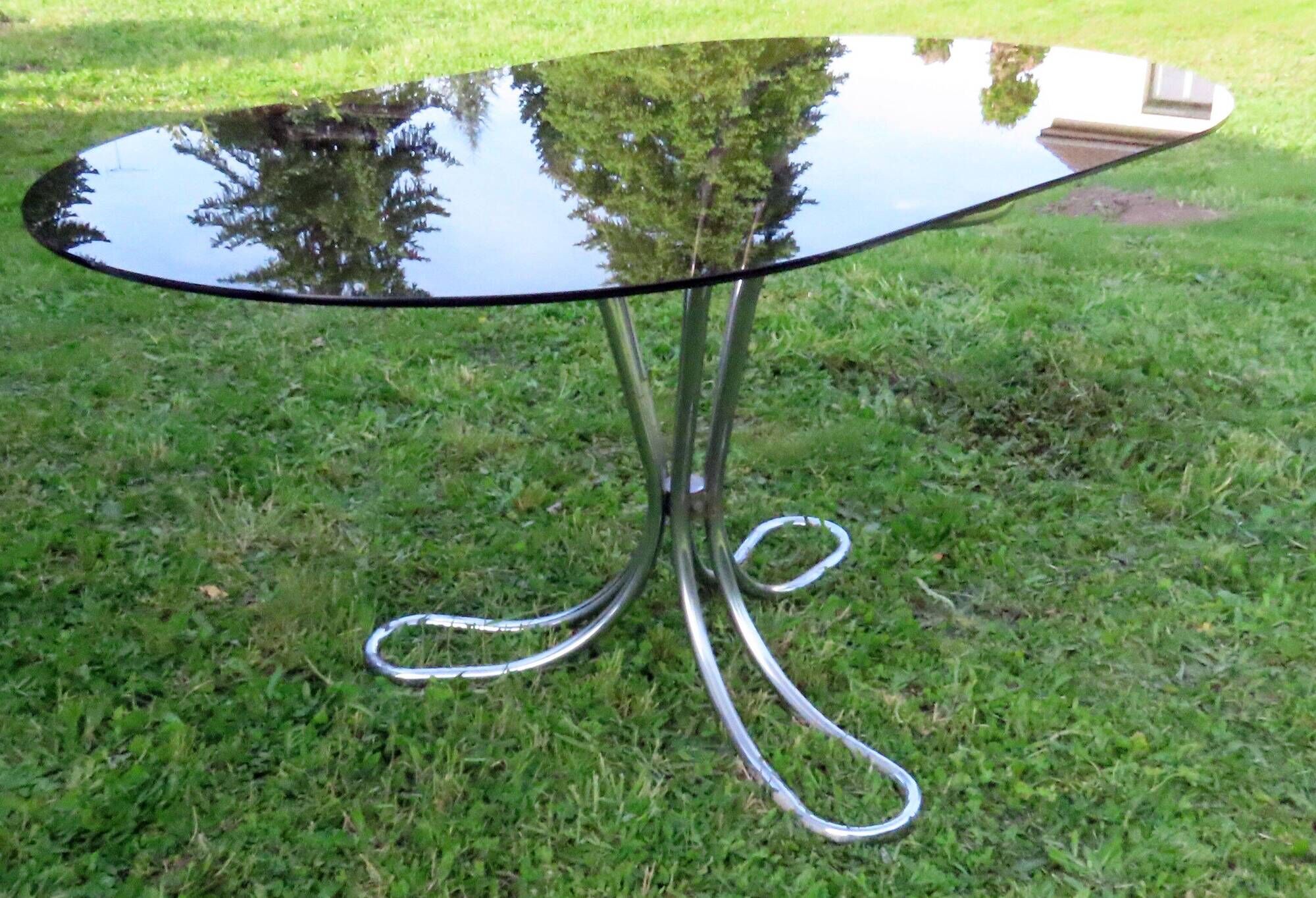 Giotto Stoppino Vintage Italian Smoked Glass and Chrome Oval Table