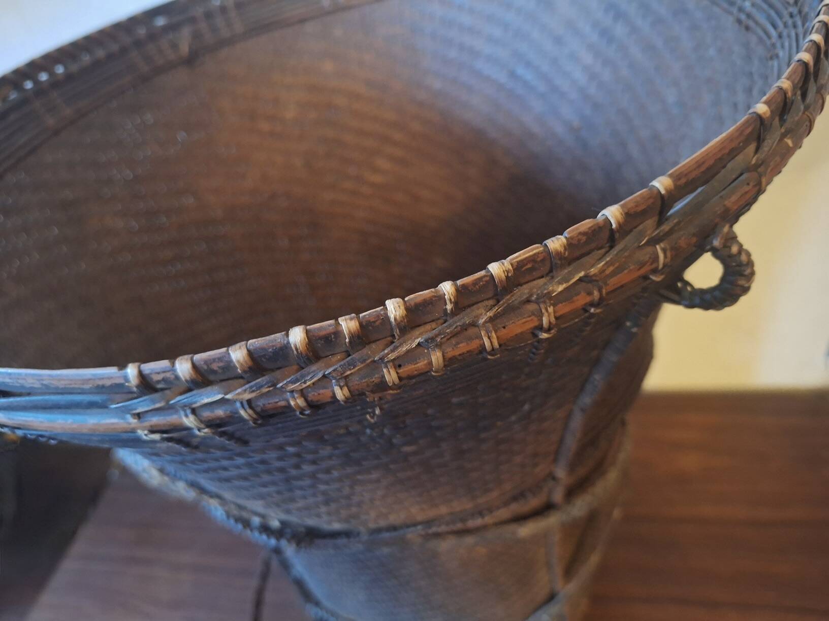 Antique Laos Khmu tribal hand woven carrying basket