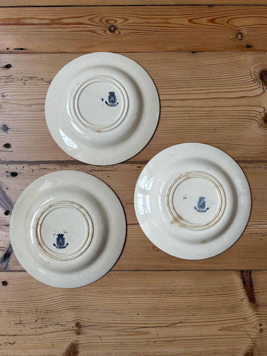 Set of 3 antique "Iron Earth" soup plates