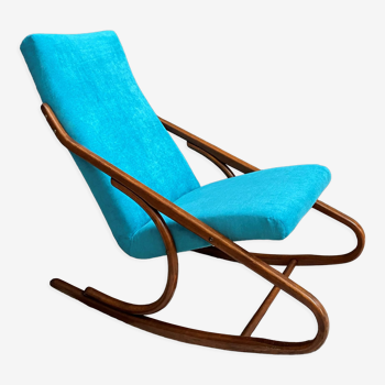 Ton, Thonet arm less rocking chair in blue velvet upholstery
