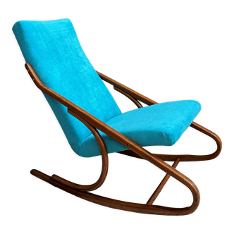 Ton, Thonet arm less rocking chair in blue velvet upholstery