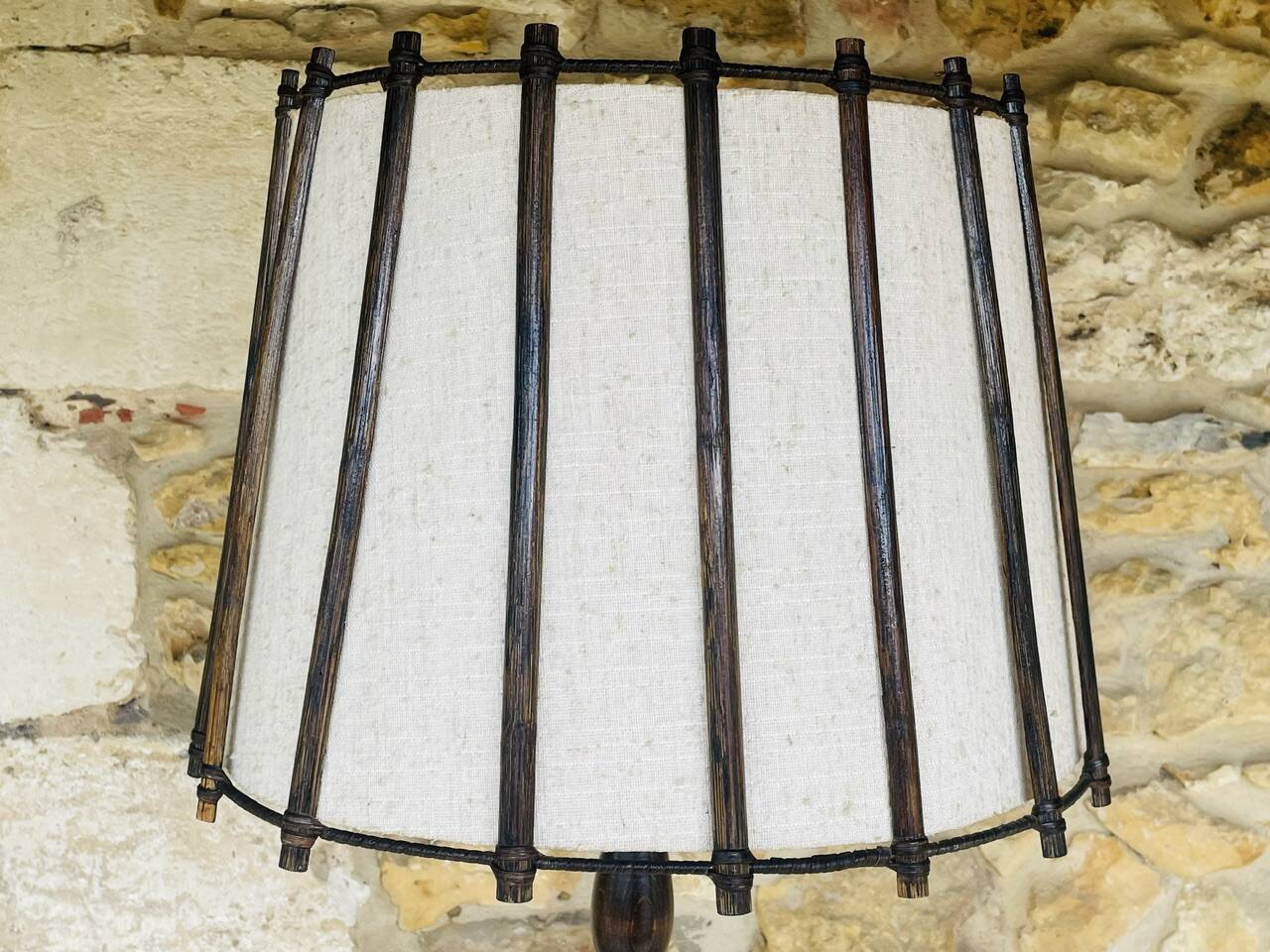 Vintage Floor Lamp Turned Wood, Bamboo Rattan Circa 1950s
