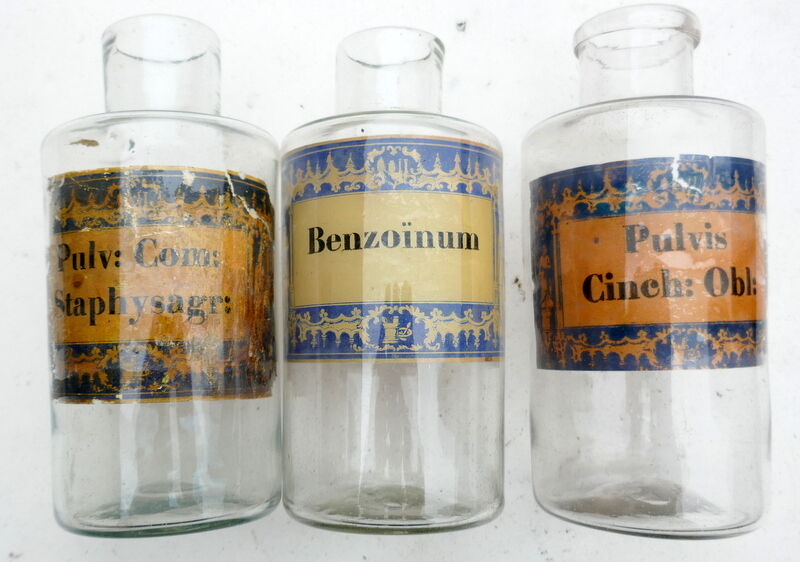 3 apothecary jars, antique blown glass pharmacy