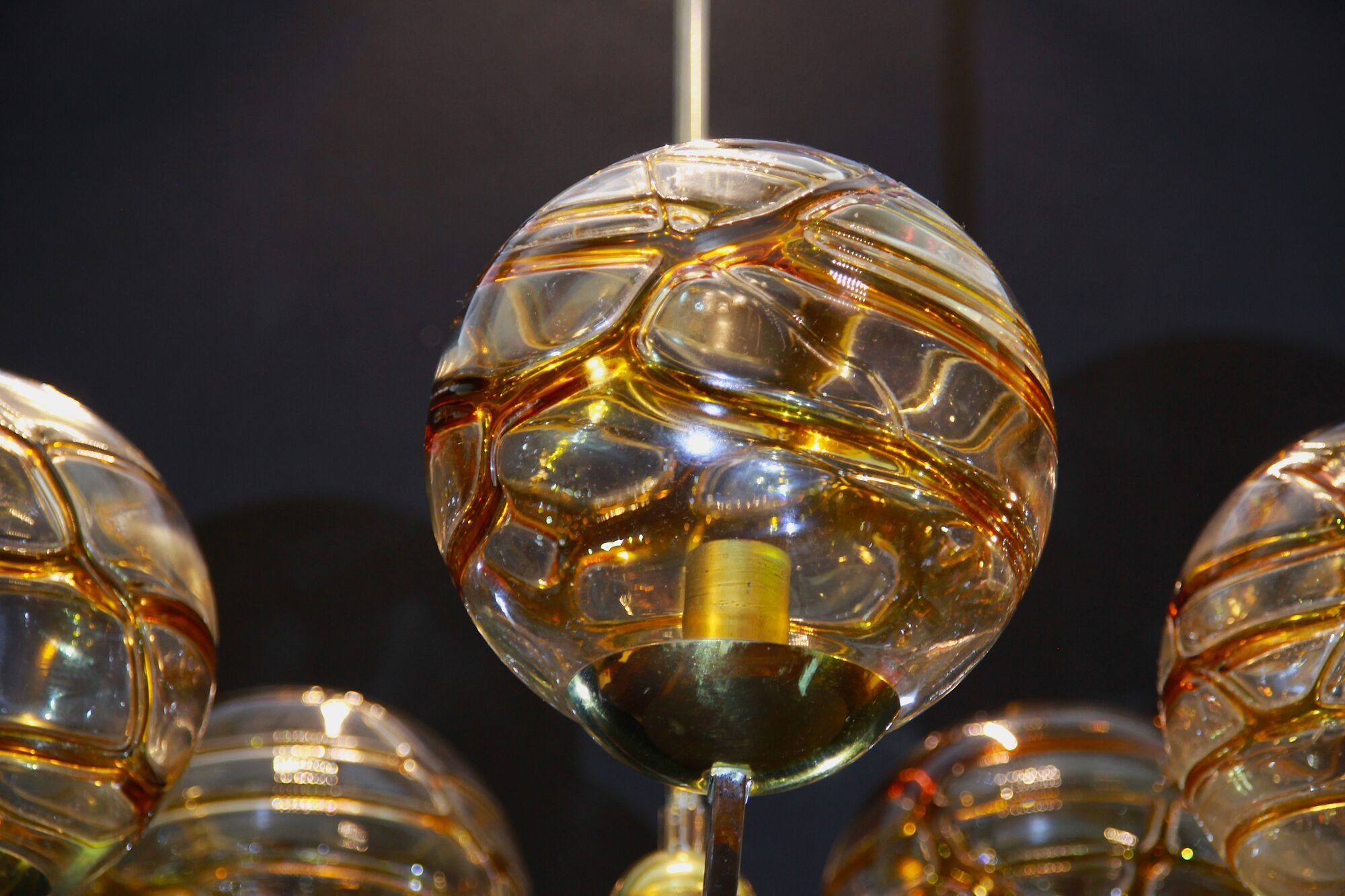 Mid 20th Century Amber Murano Glass Globe Textured,Chrome and Brass Chandelier, by Doria