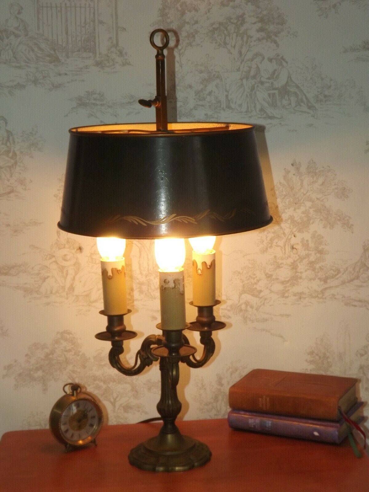 French empire style brass bouillotte table lamp green crackle effect shade
