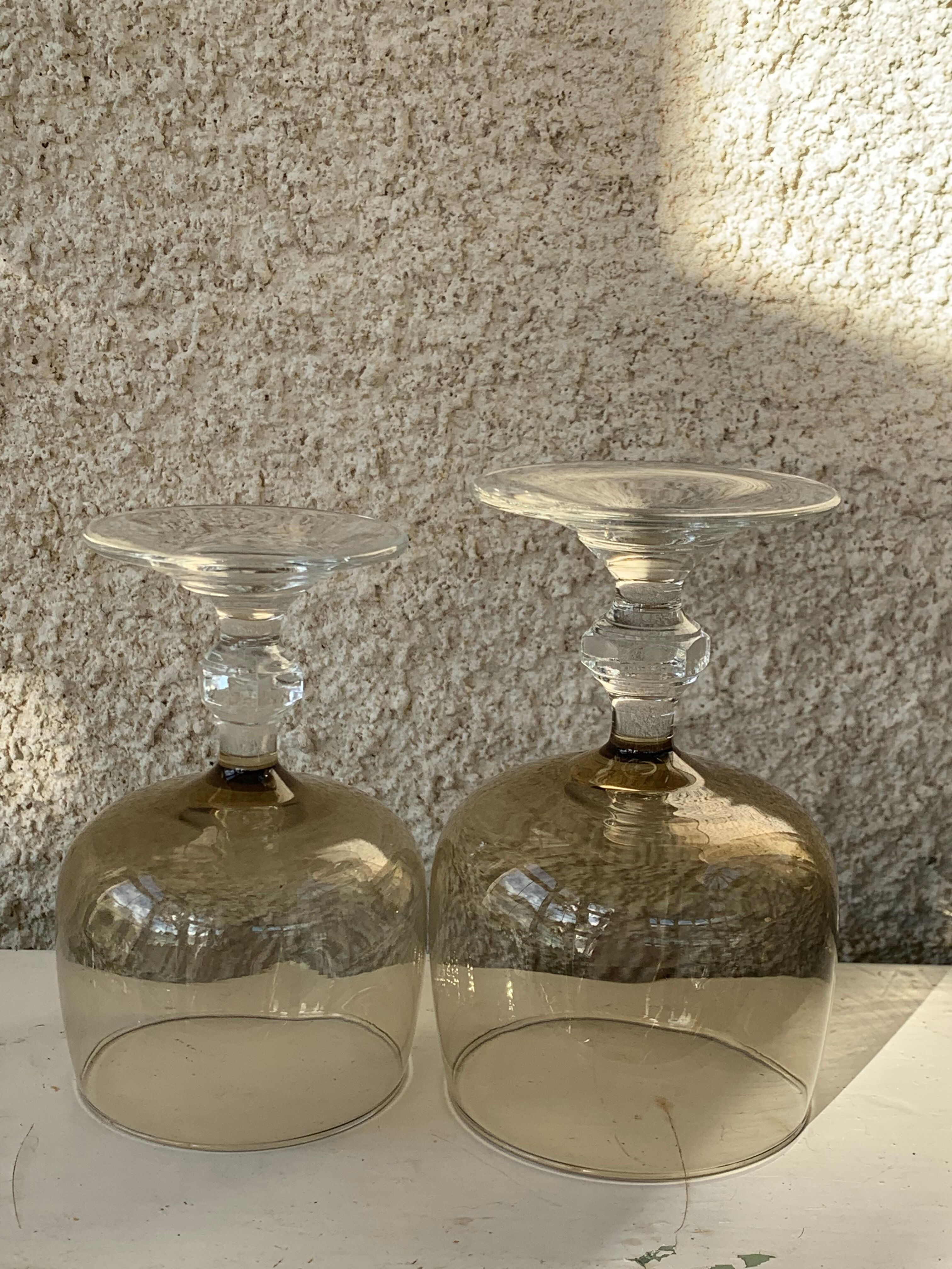 11 wine and water glasses in smoked grey glass and transparent base vintage 1970