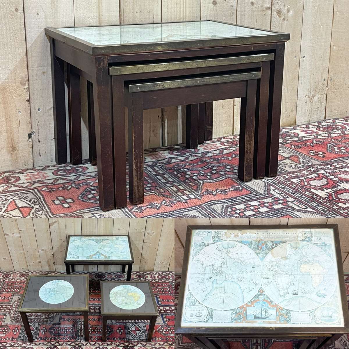 Tables gigognes mappemondes en acajou, verre et laiton - années 50