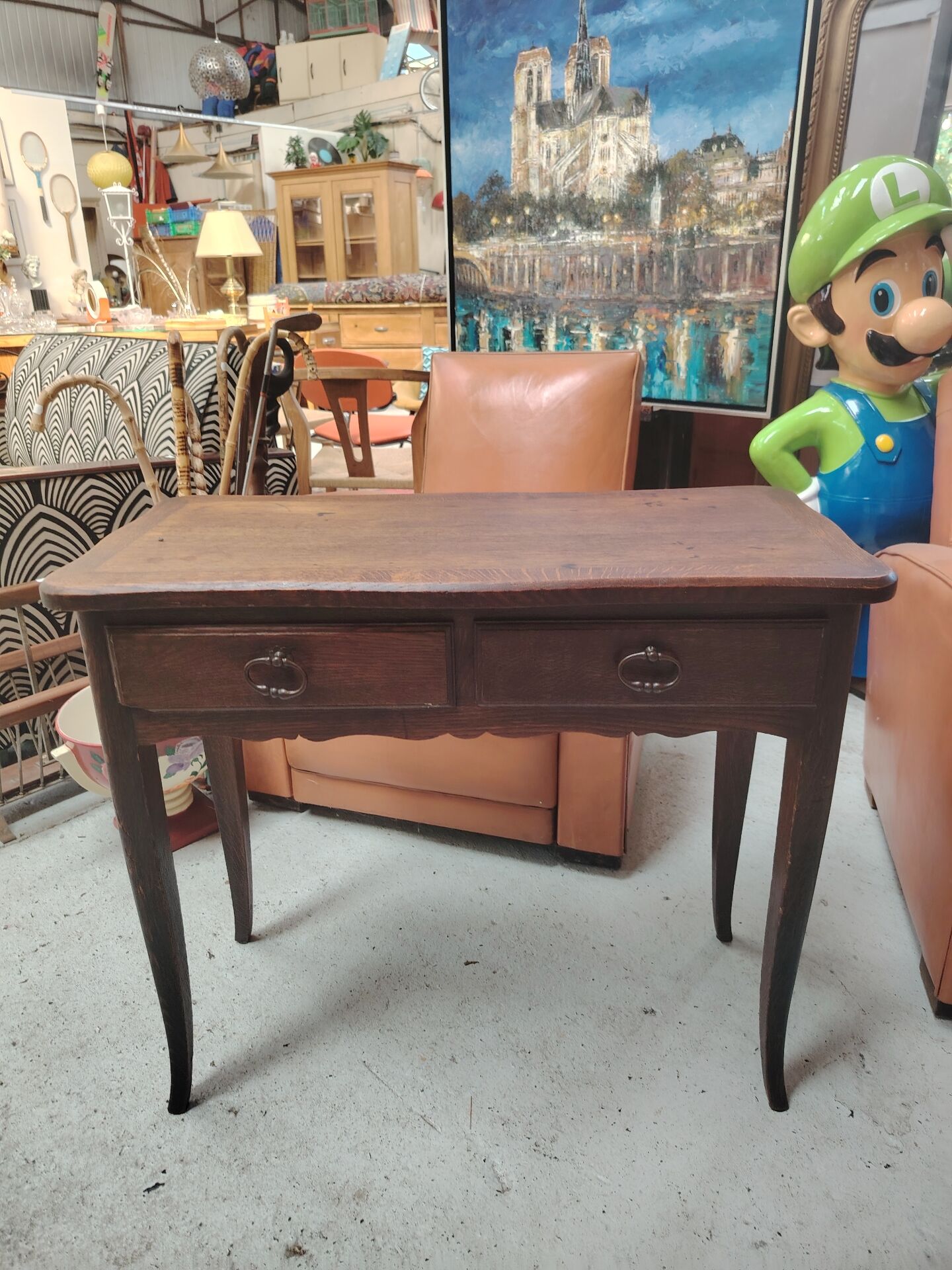 Table, console, dressing table in solid oak with curved legs - 1900