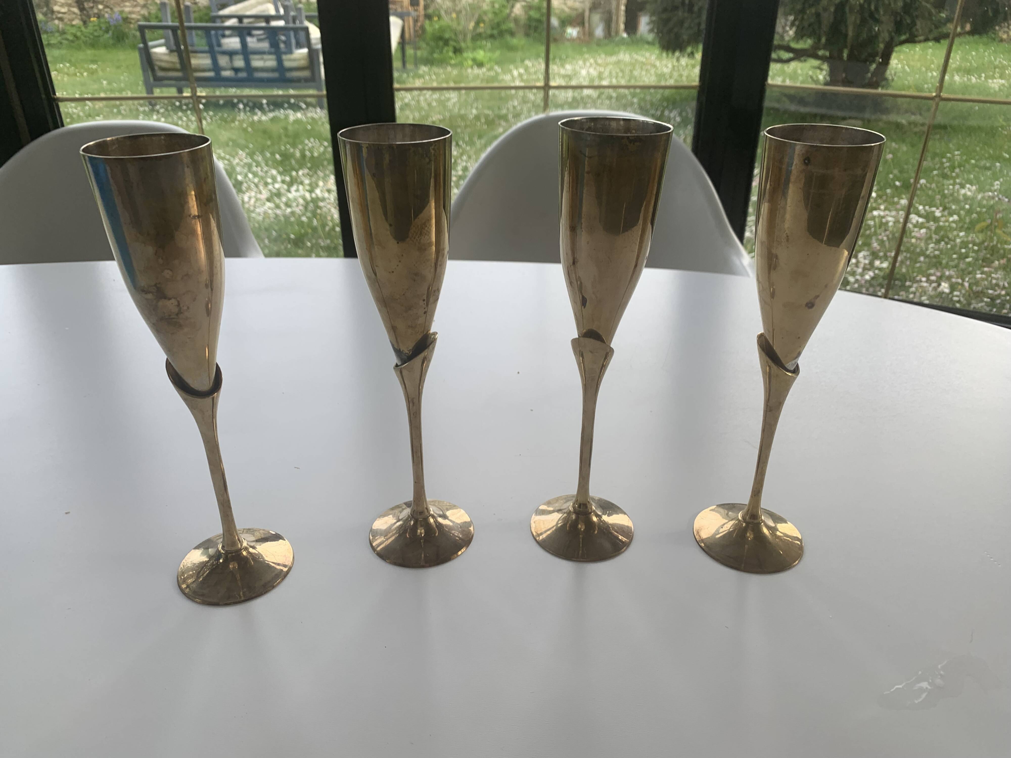 Set of 4 gold metal flutes, vintage 1970
