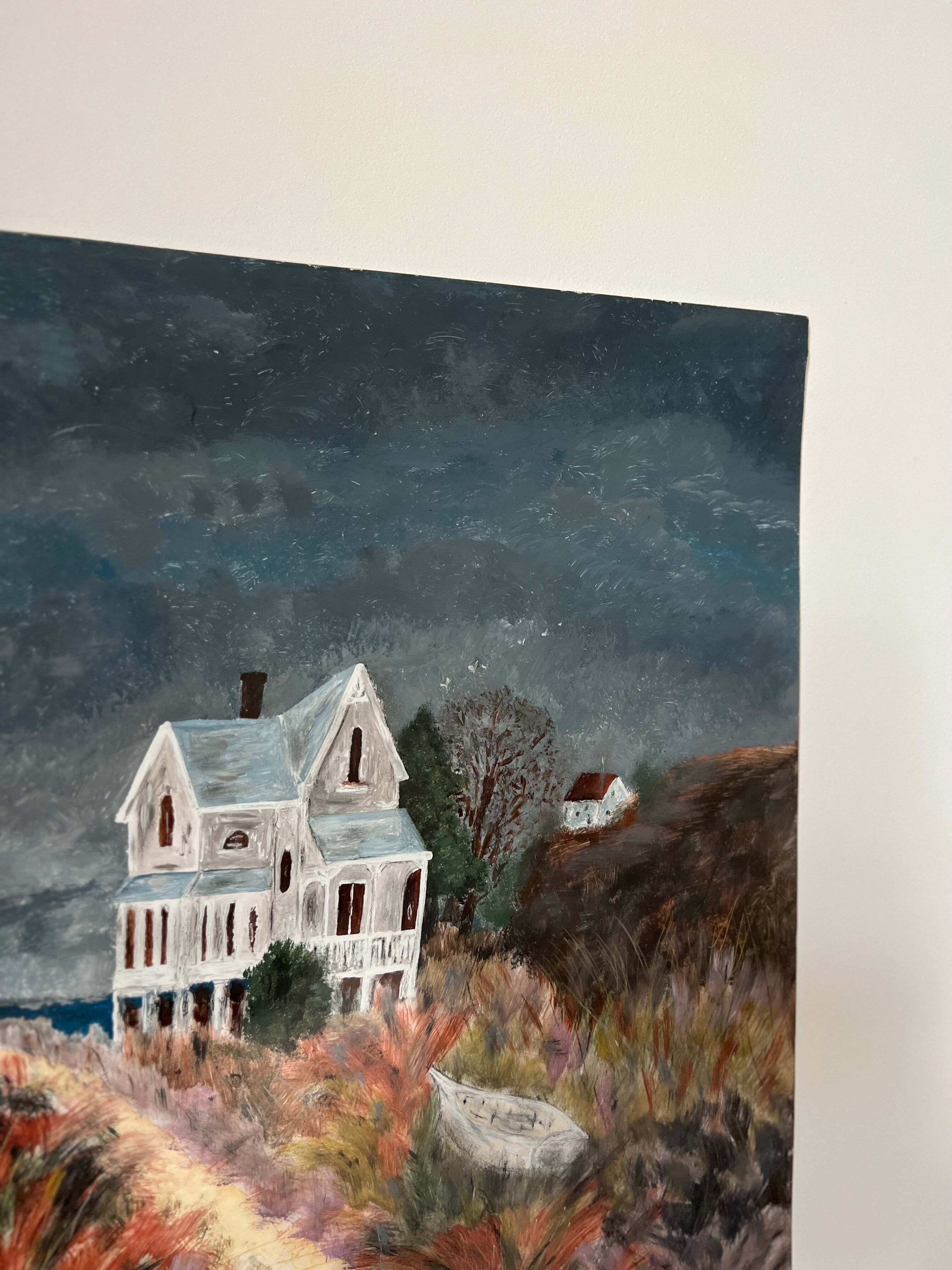 Painting of house by the sea, handmade, on thick paper
