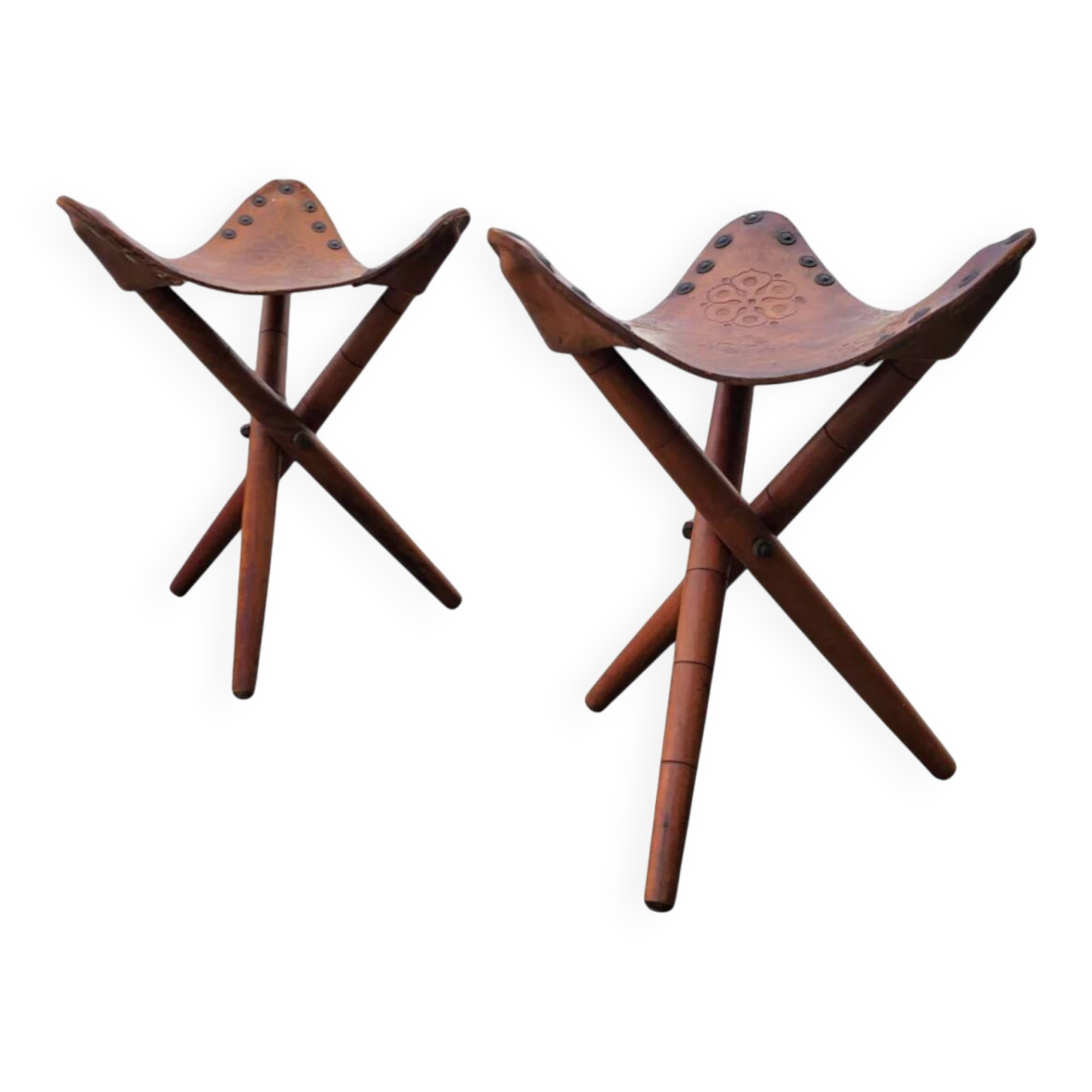 2 x matching vintage tooled leather tripod chair / camp chair