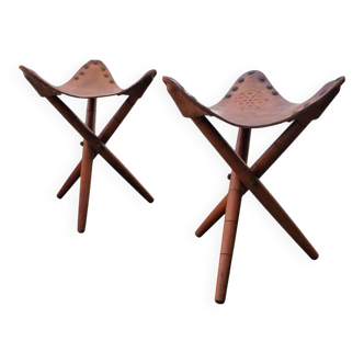 2 x matching vintage tooled leather tripod chair / camp chair
