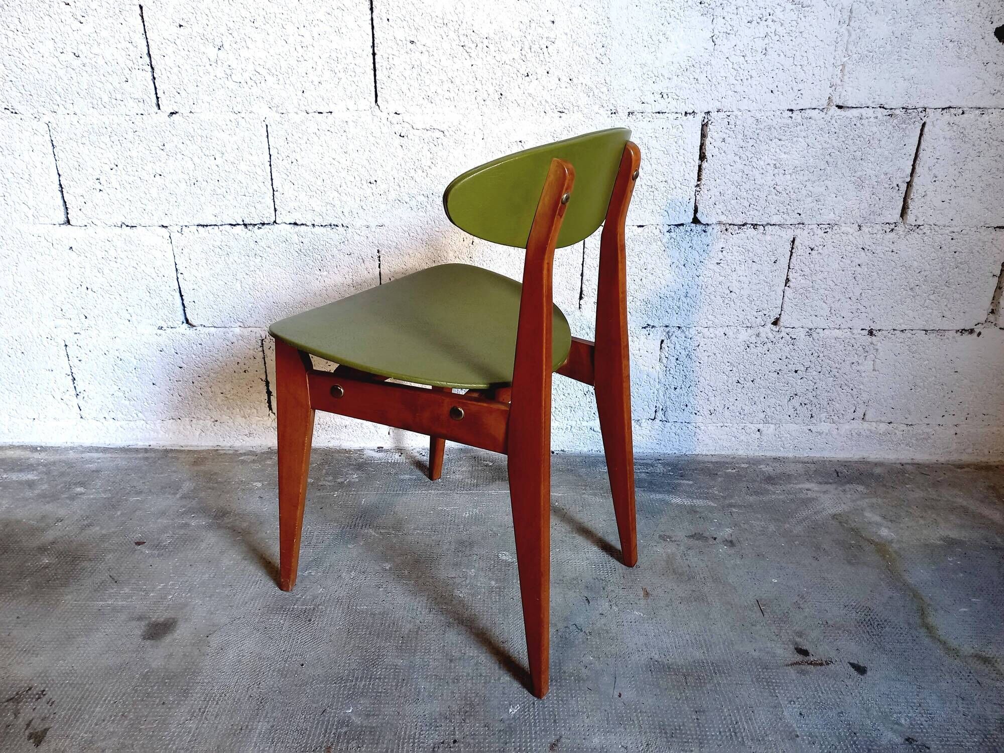 Vintage chair 50s 60s in wood and green skai