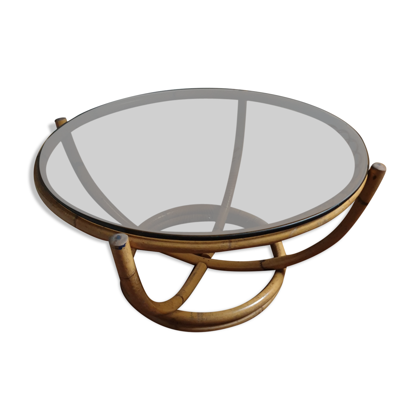 Table rotin ronde vintage verre fumé