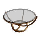 Table rotin ronde vintage verre fumé