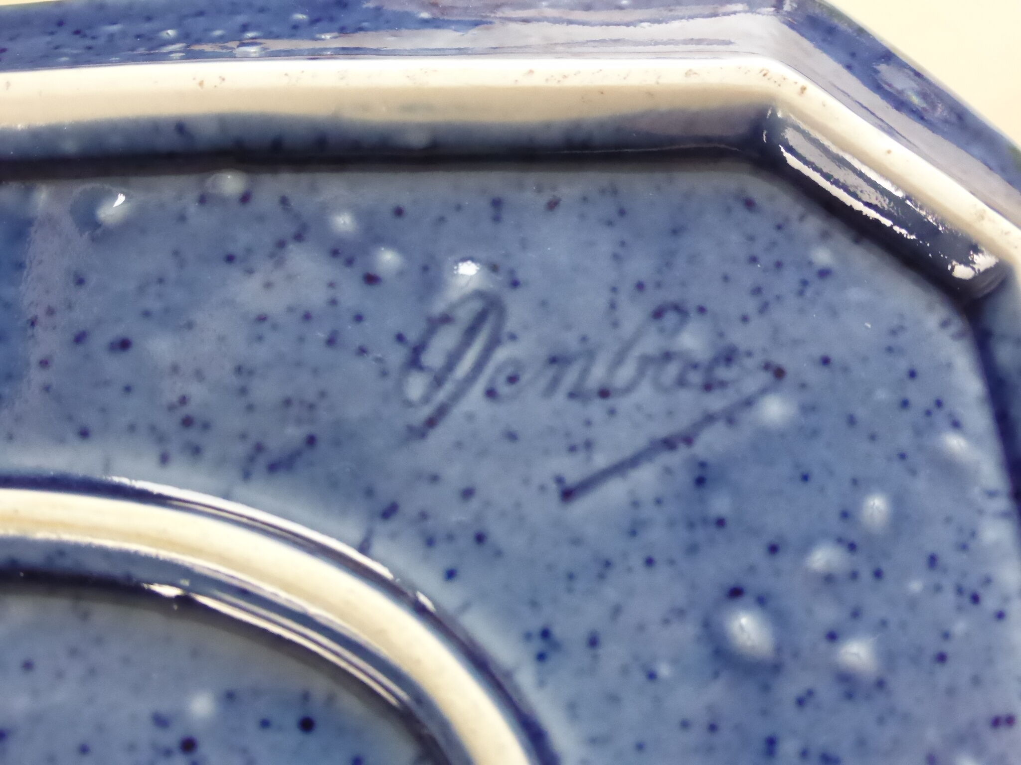 Octagonal top signed Denbac ceramic blue green