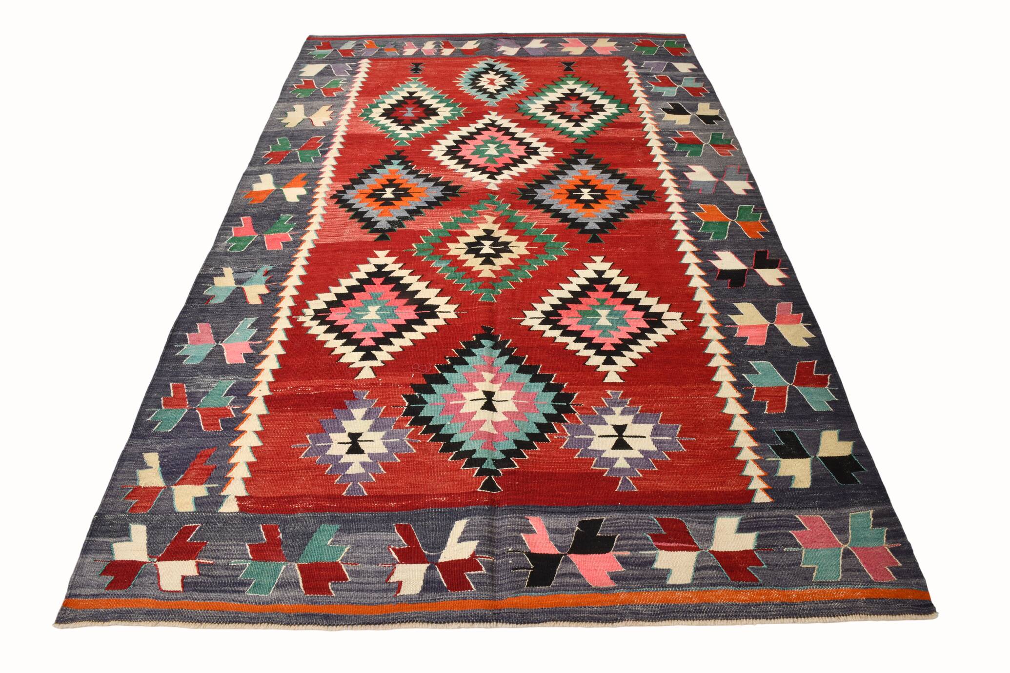 5x9 Red & Green Geometric Tribal Vintage Kilim Rug, 170x267Cm
