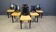 Vintage black leather and yellow fabric dining chairs, set of 6, 1980s