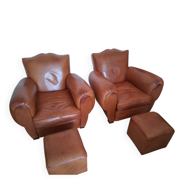 Fauteuils club + repose pieds en cuir de style Art Déco , années 1950/60.