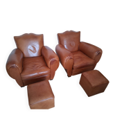 Club armchairs + footrests in leather in Art Deco style, 1950s/60s.