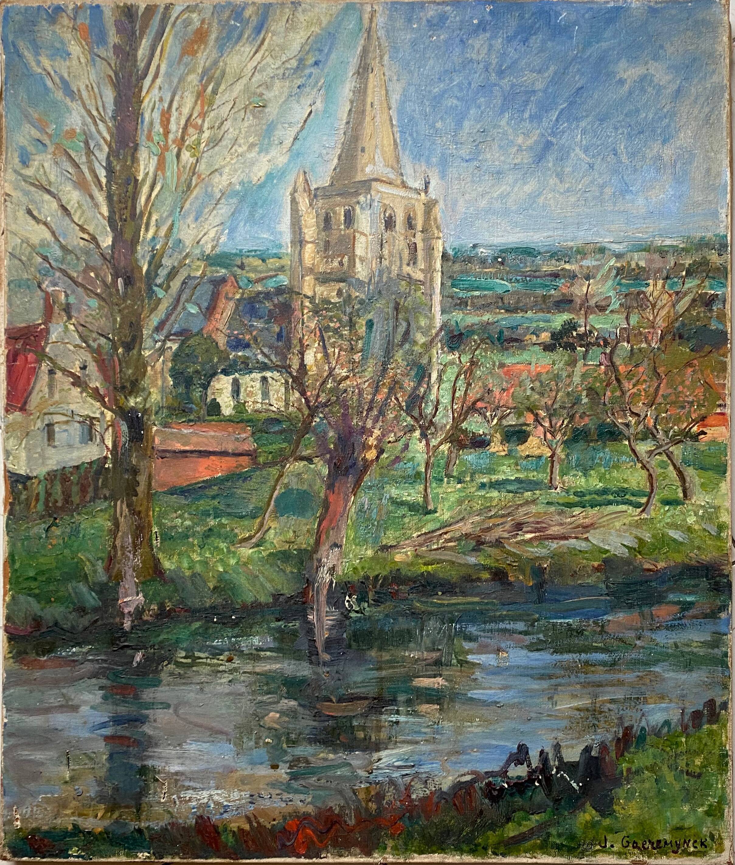 Painting "river and village" by Jacquelin Gaeremynck school of Leers