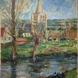 Painting "river and village" by Jacquelin Gaeremynck school of Leers