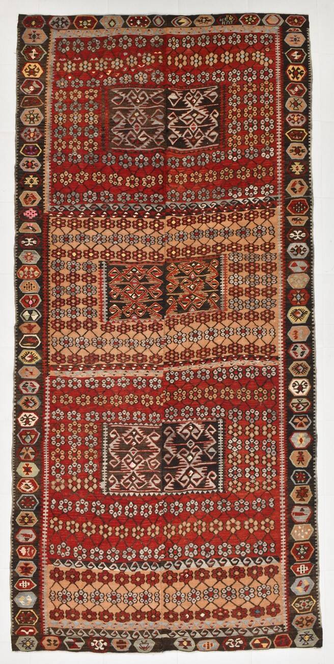 6x12 Dark Burgundy Long Wide Handwoven Turkish Kilim Rug Carpet, 168x354 Cm