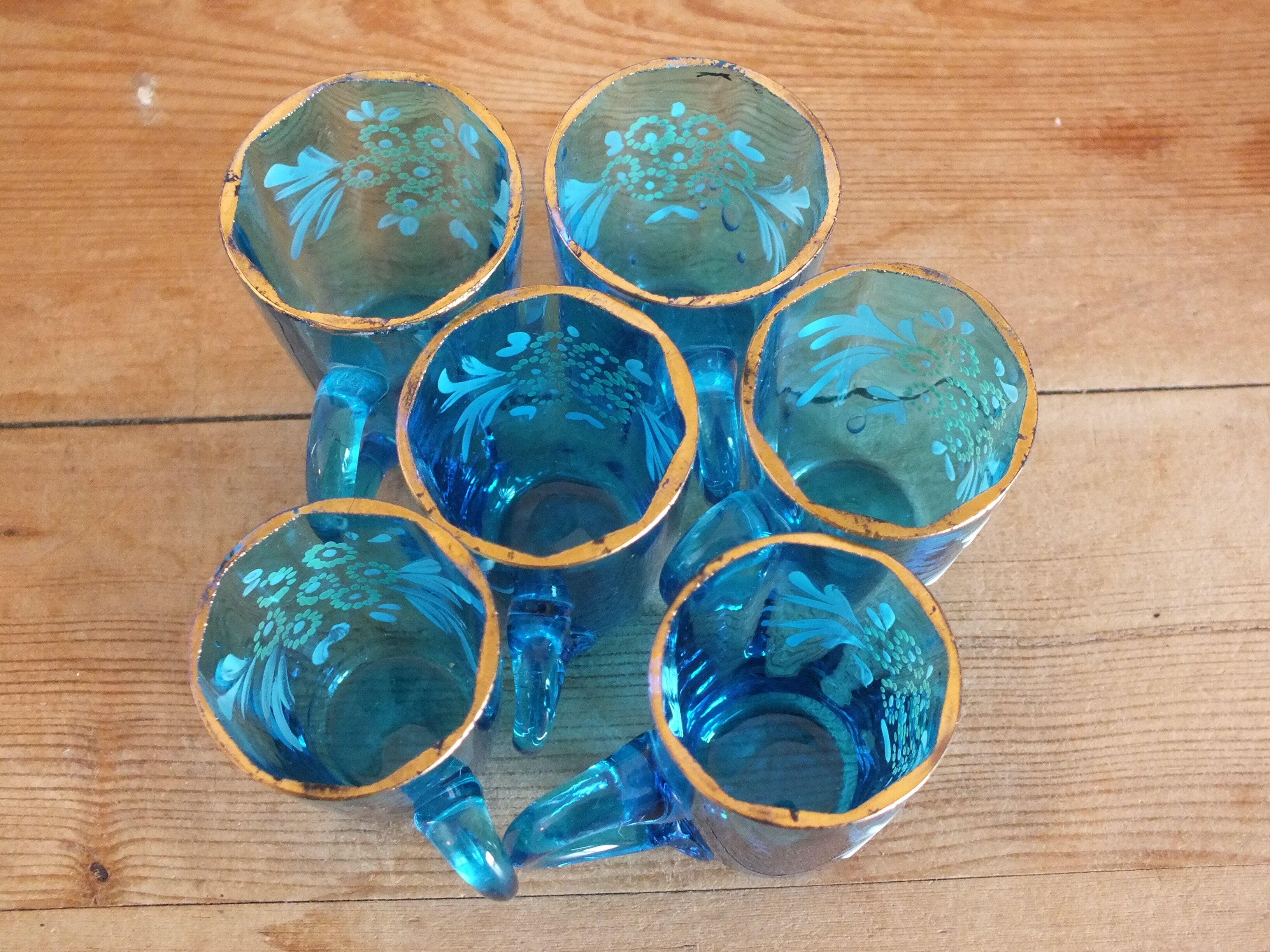 6 antique liquor cups in blue enamelled glass