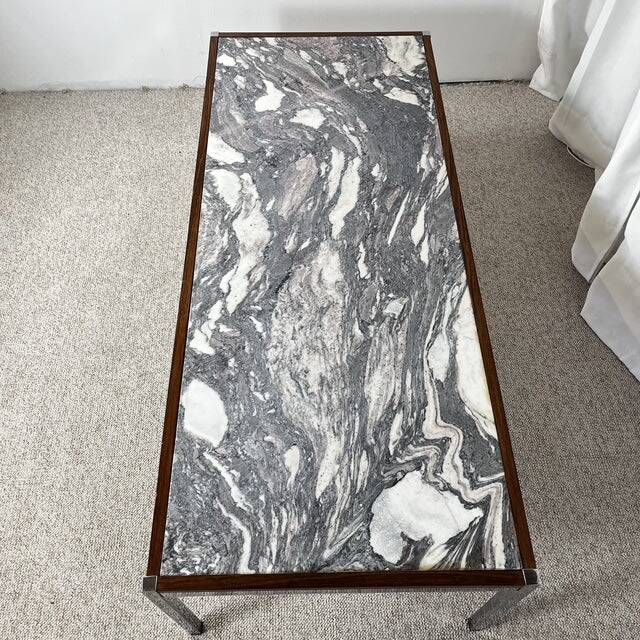 XL Midcentury modern coffee table in metal, rosewood and Arabescato marble, Italy, 1970.