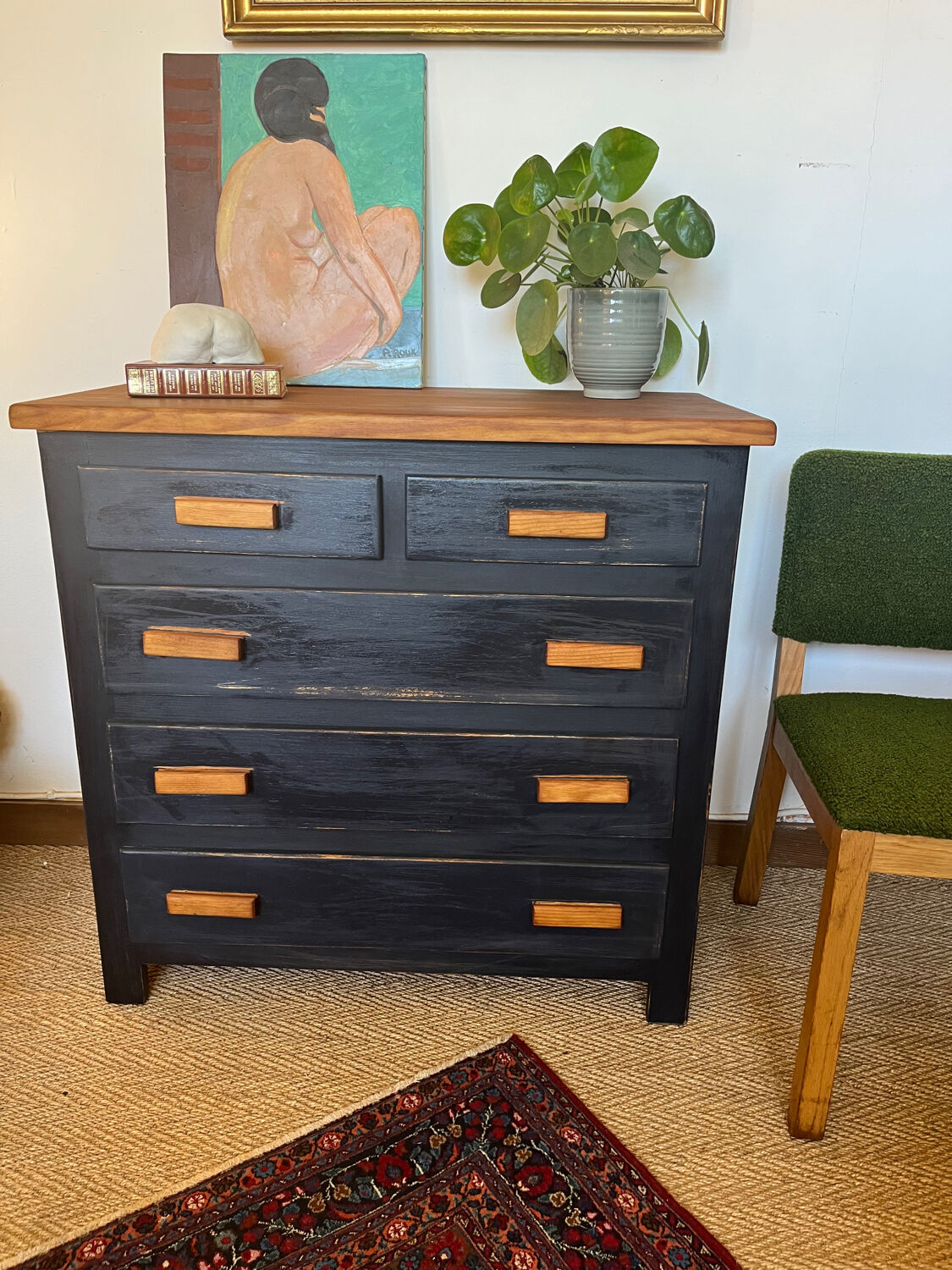 Vintage patinated black craft furniture style chest of drawers