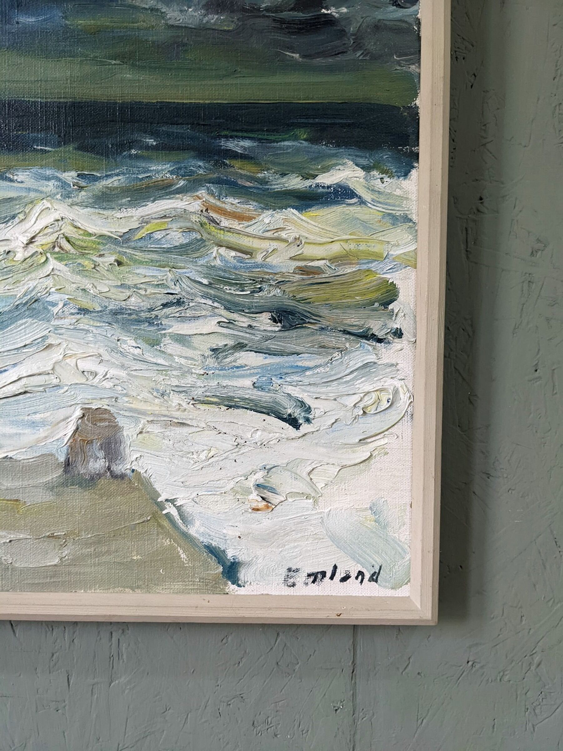 Mid-Century Modern Swedish "Watching the Storm" Vintage Expressive Seascape Oil Painting, Framed