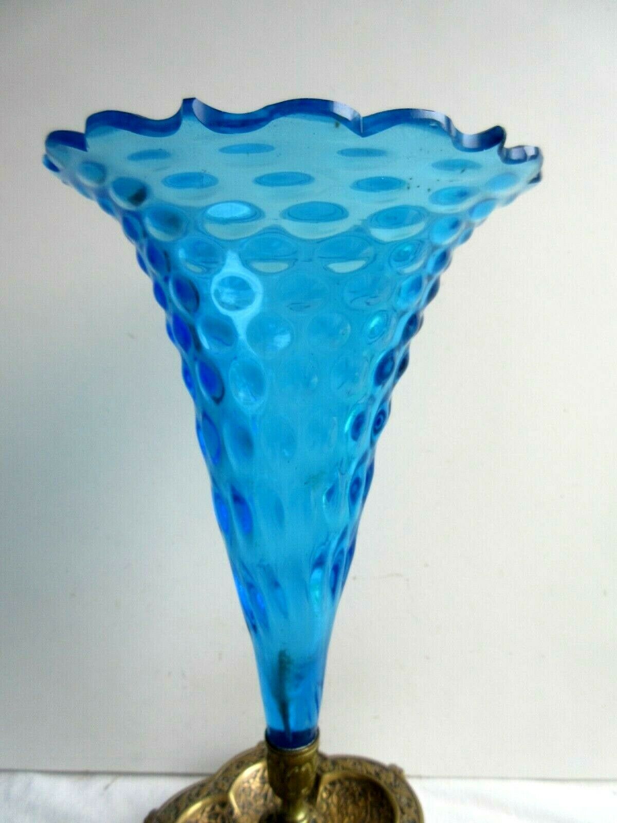 Napoleon III vase conical blue glass on cup and brass foot
