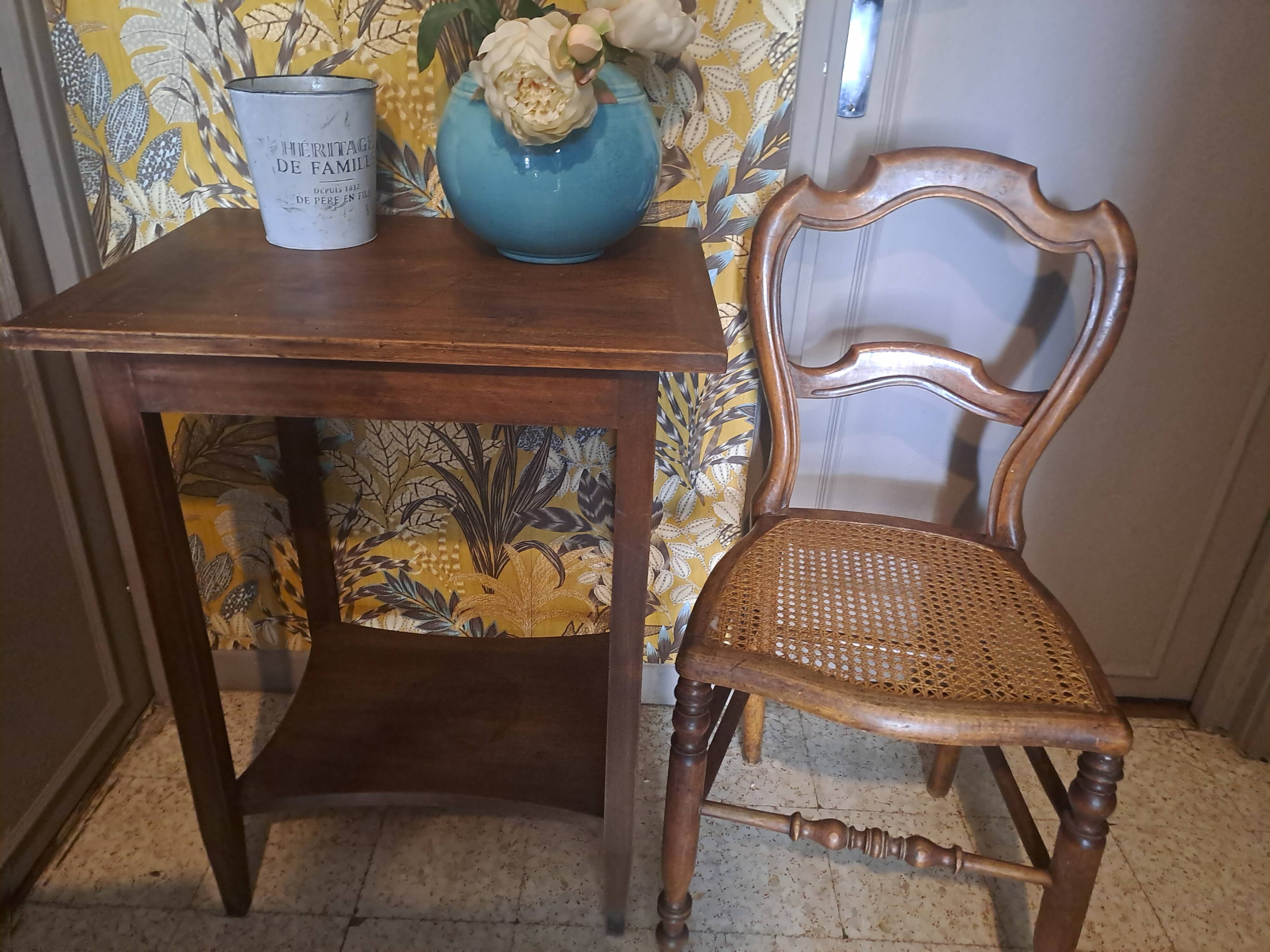 Pair of 1950s light wood bistro chairs with cane seats