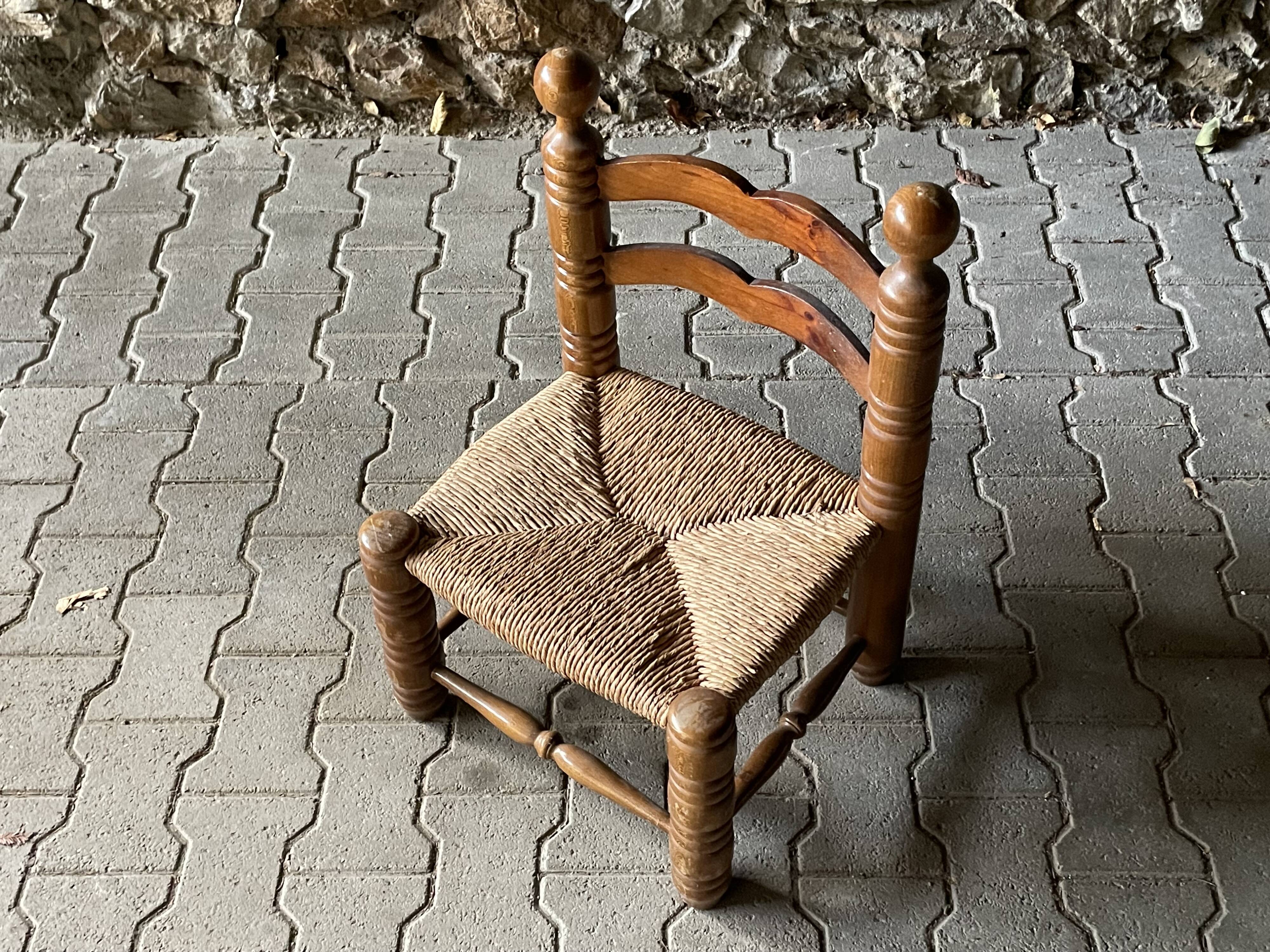 Rustic oak and straw chair, France 1940s