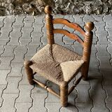 Rustic oak and straw chair, France 1940s