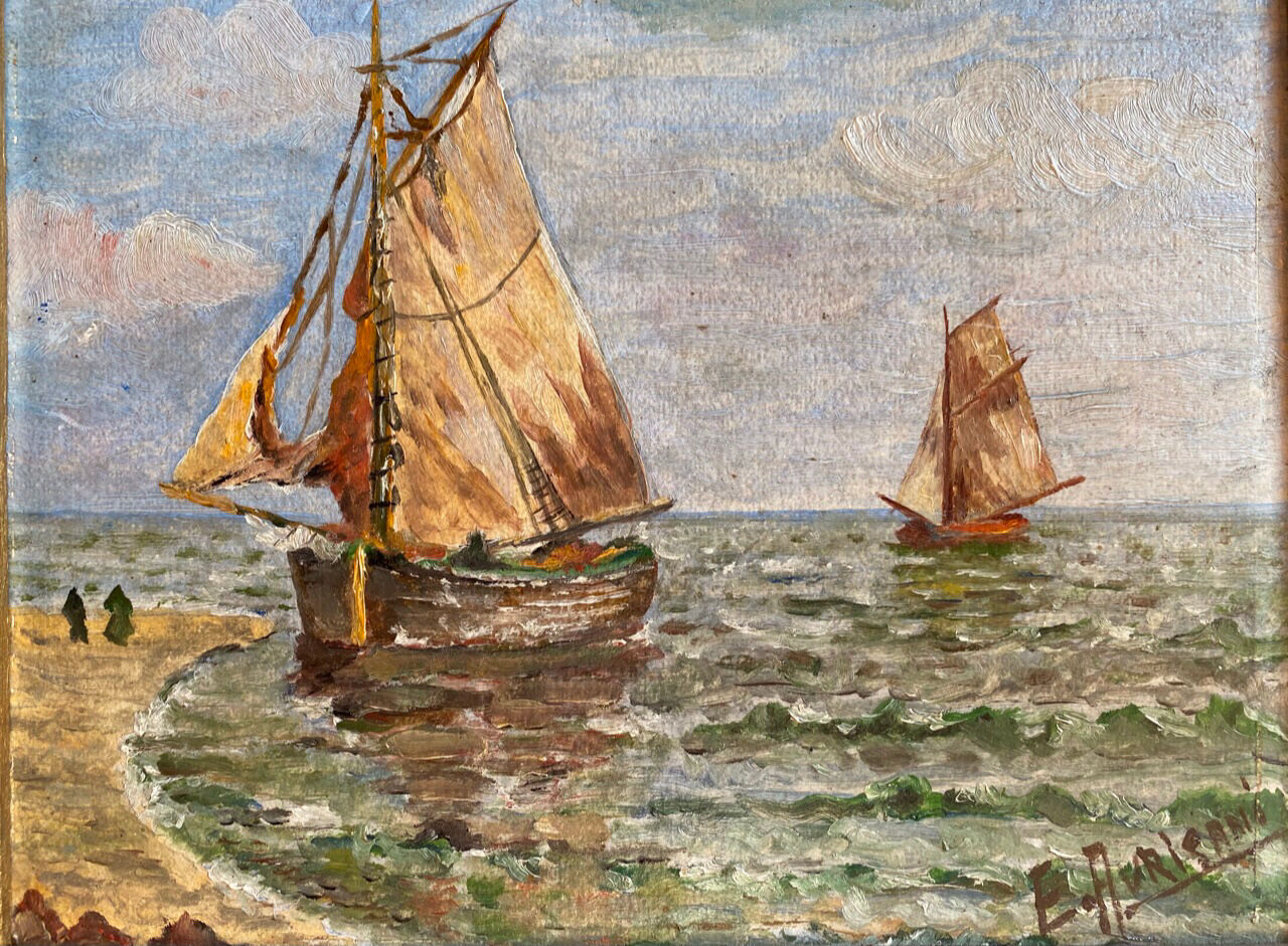 Ancient painting, Marine, signed 20th century