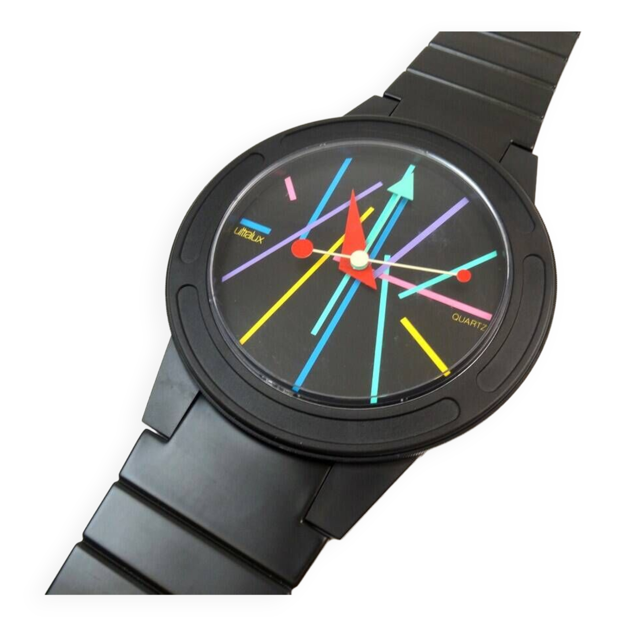 Postmodern Wall Clock in wrist watch shape Pop Art by Ultralux Swiss XL Memphis Age