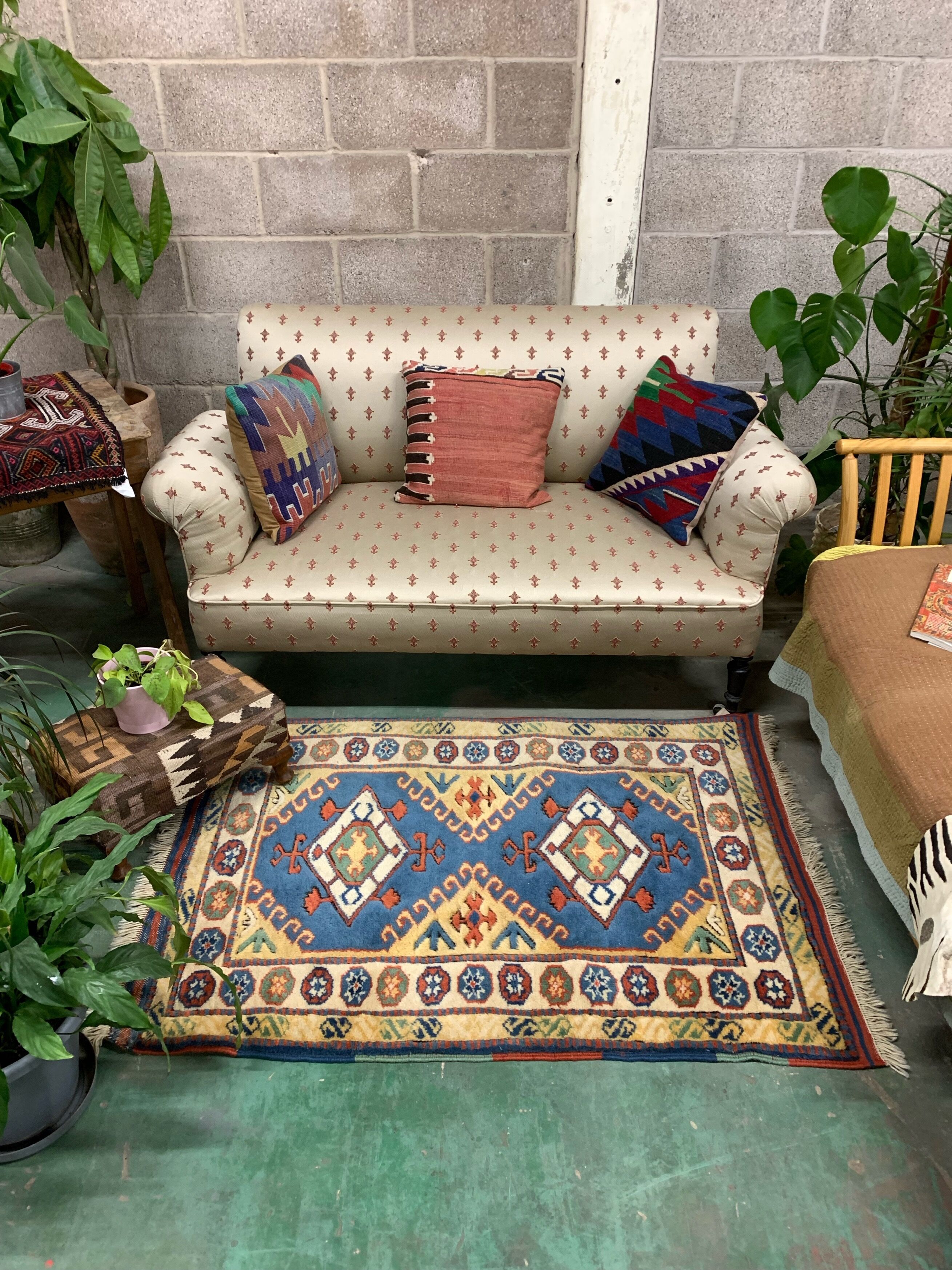 Old Turkish Kazak Rug Oriental 123x95 cm vintage tribal carpet, Red and Blue