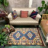 Old Turkish Kazak Rug Oriental 123x95 cm vintage tribal carpet, Red and Blue