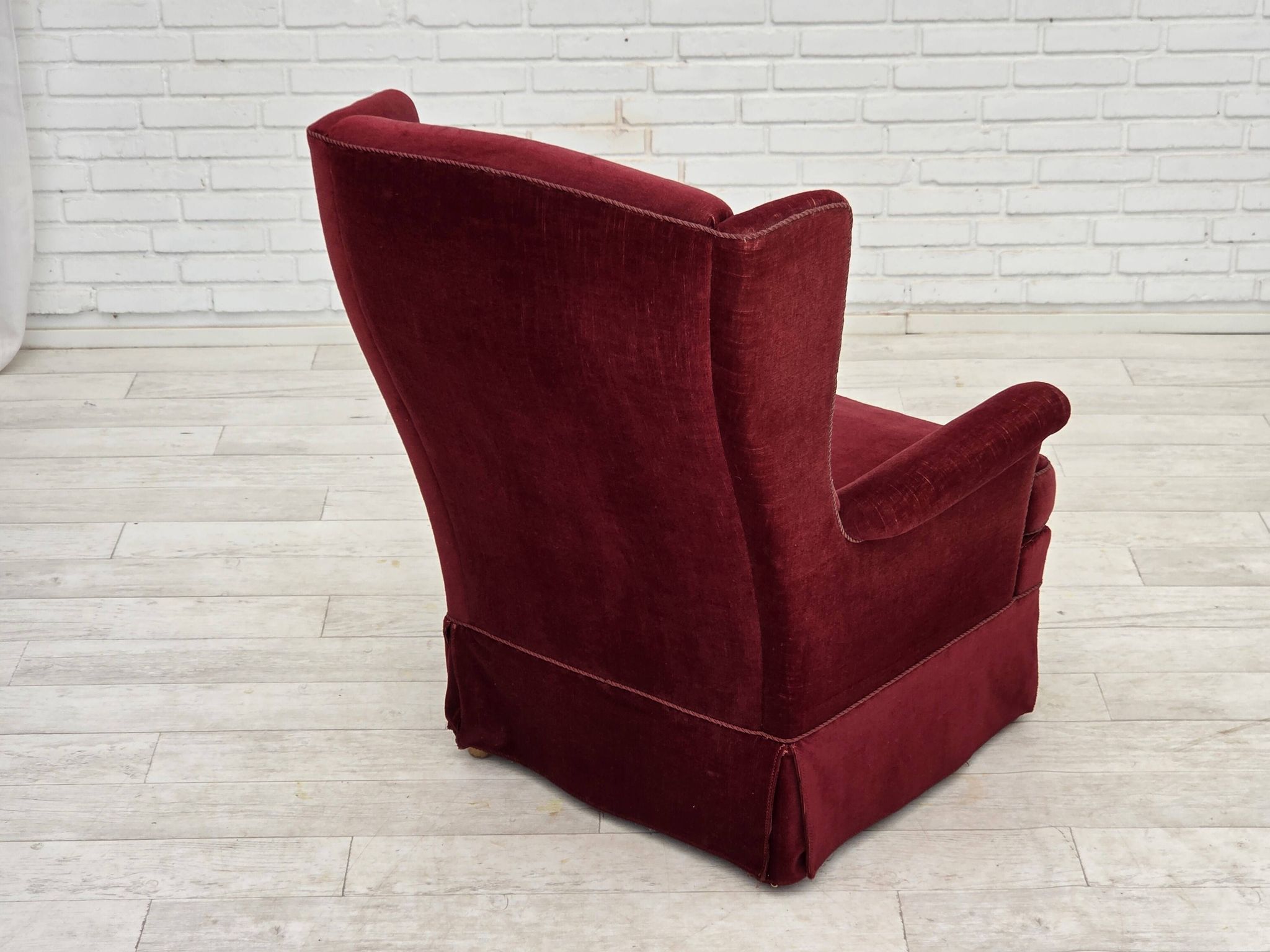1970s, Danish highback chair, cherry-red furniture velour, ash wood legs.