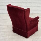 1970s, Danish highback chair, cherry-red furniture velour, ash wood legs.
