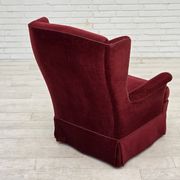1970s, Danish highback chair, cherry-red furniture velour, ash wood legs.