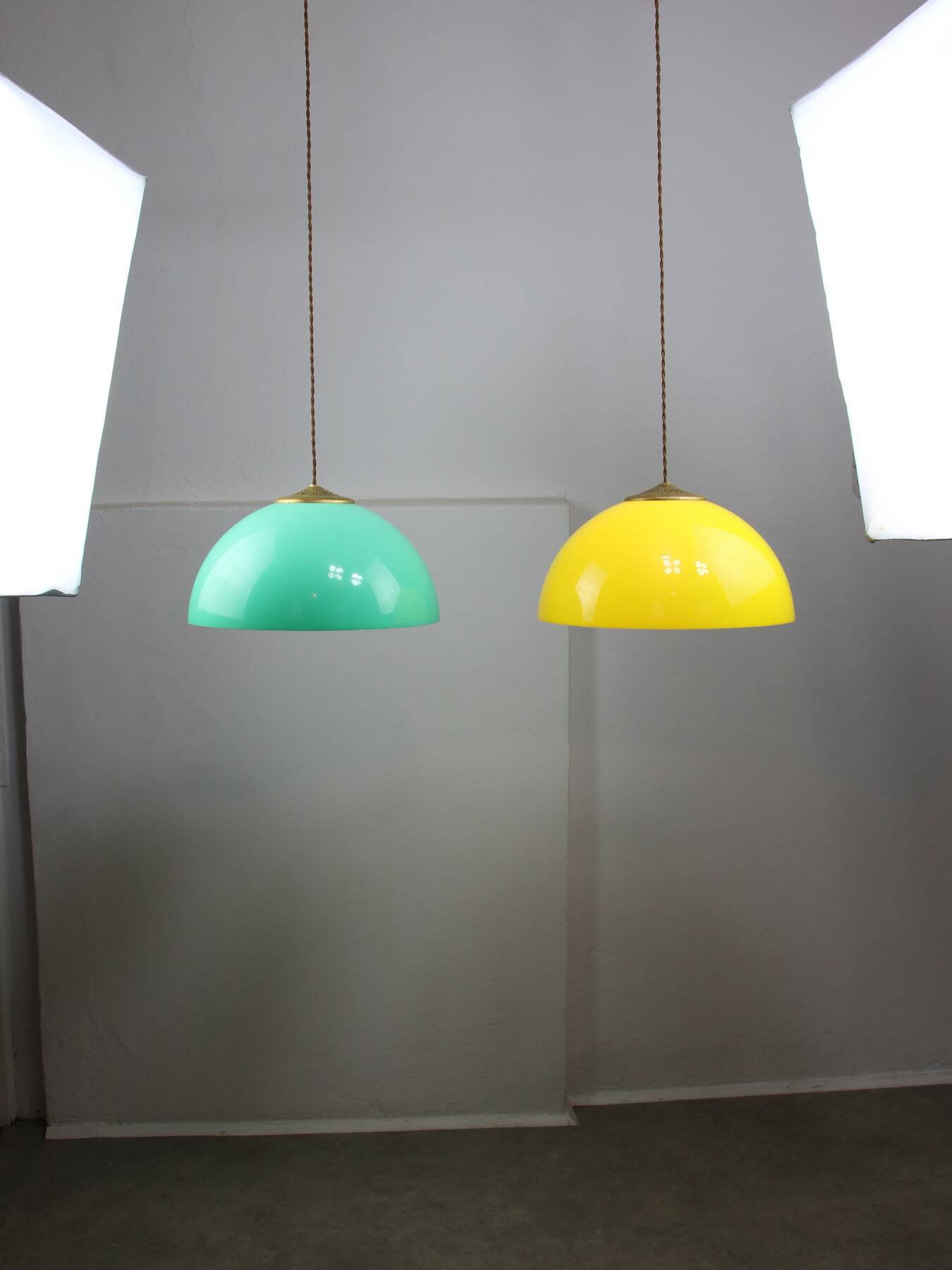 Mid-century italian brass and plexiglass pendant lamp, set of 2