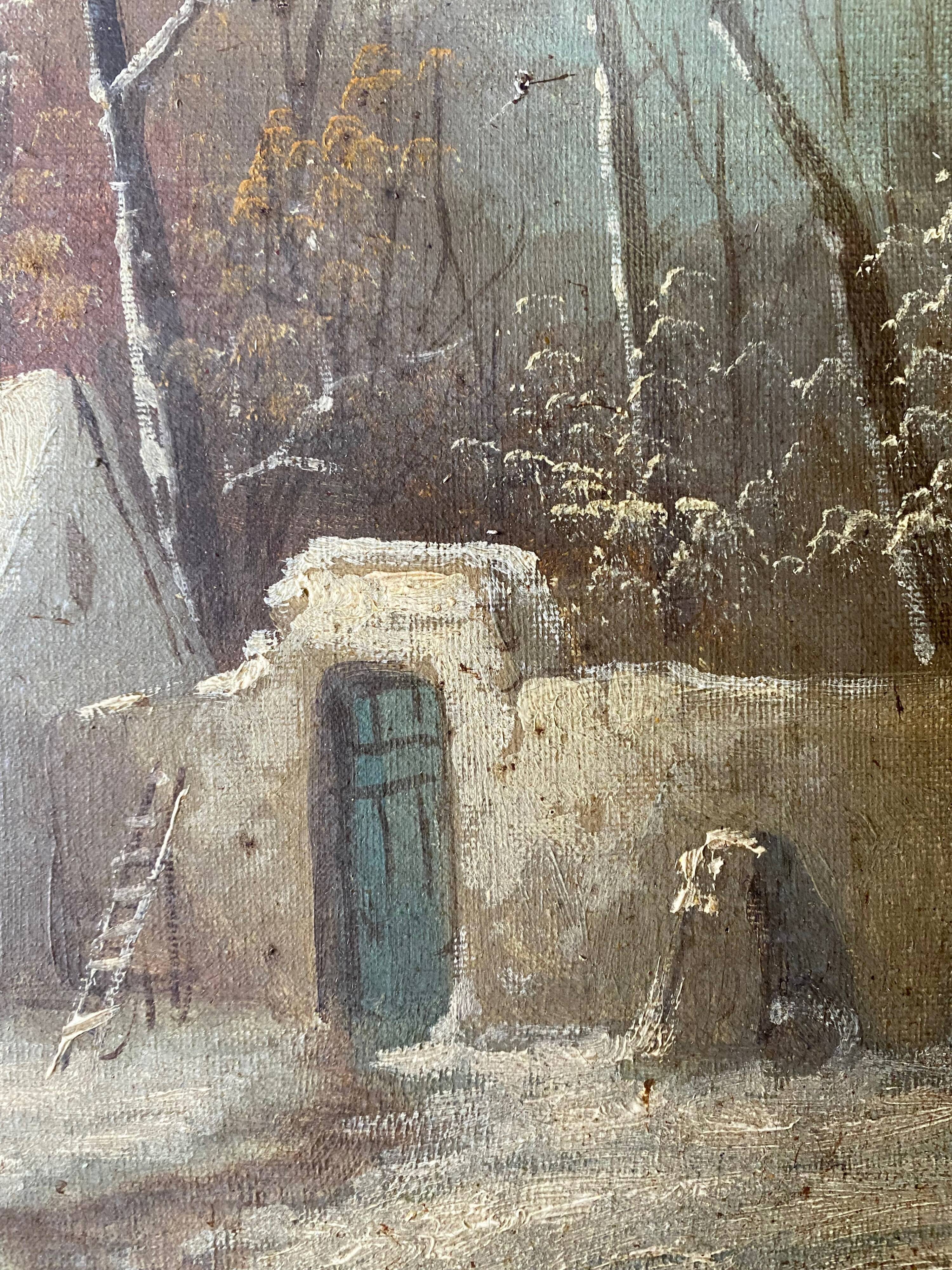 HST painting "Winter landscape" signed Flemish + frame XIX°